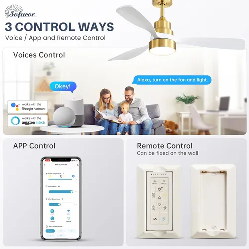 Vista 3 de Sofucor - Ventilador de techo inteligente de 48 pulgadas con luces y control remoto/APP, compatible con Alexa/Google, ventilador de techo de perfil