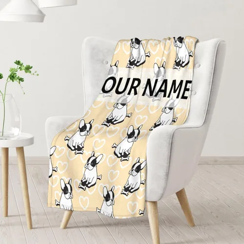 Vista 2 de Manta personalizada de bulldog francés con texto y nombre, 30 x 40 pulgadas, manta de franela suave, cálida, ligera y acogedora, regalo para amantes