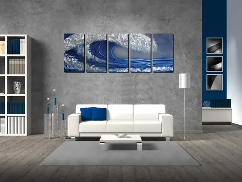 Vista 5 de Arte de pared de metal oceánico, arte abstracto de metal hecho a mano, arte de pared azul y plateado a gran escala, pintura de aluminio 3D única