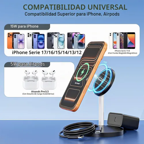 Vista 7 de Cargador inalámbrico magnético y soporte de teléfono 15W estación de carga Negro