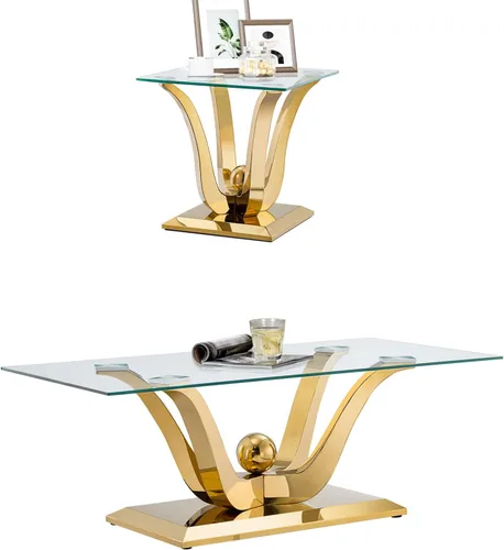 Vista 15 de SSLine Mesa de centro moderna de 1 pieza para sala de estar, mesa de centro de vidrio templado de lujo con base de acero inoxidable en forma de flor