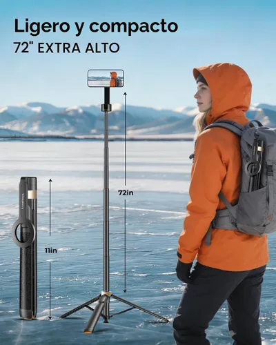 Vista 5 de Trípode magnético para selfie stick de 72 pulgadas para iPhone MagSafe, soporte de trípode extensible para teléfono con control remoto Bluetooth