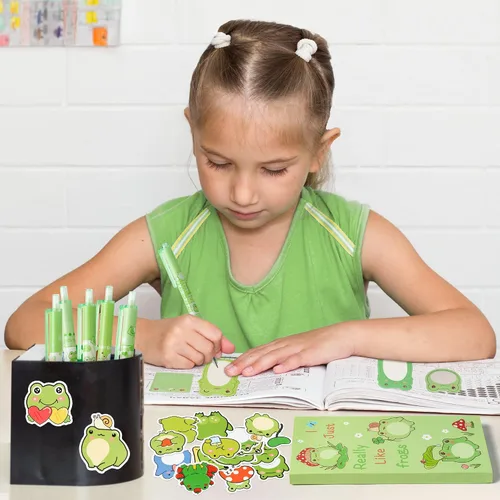 Vista 5 de Xqumoi Juego de 57 Piezas Notas Adhesivas de Rana con Bolígrafos Pegatinas Set de Papelería Bolígrafos de Gel Negro de 0.5mm Blocs de Notas