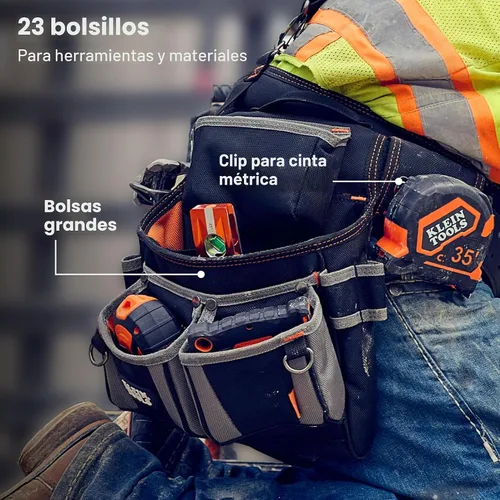 Vista 4 de Klein Tools 55896 - Cinturón de herramientas acolchado, tirantes y bolsas con 23 bolsillos, cintura ajustable de 30 a 52 pulgadas, para carpinteros