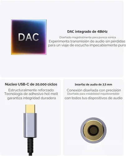 Vista 3 de Adaptador USB C a conector de auriculares de 3.5mm – Dongle de audio HiFi, cable tipo C a auxiliar hembra compatible con iPhone 17/16/15 Pro Max Gris
