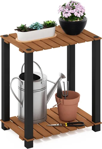 Vista 11 de Furinno Pangkor Turn-N-Tube - Estante de madera para plantas de interior y exterior de 3 niveles con postes cuadrados, color natural/negro