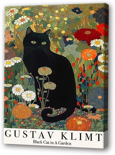 Vista 18 de Thcbme Arte de pared con diseño de gato, divertido diseño vintage de girasoles y gatos negros, póster retro para habitación, estética, sala