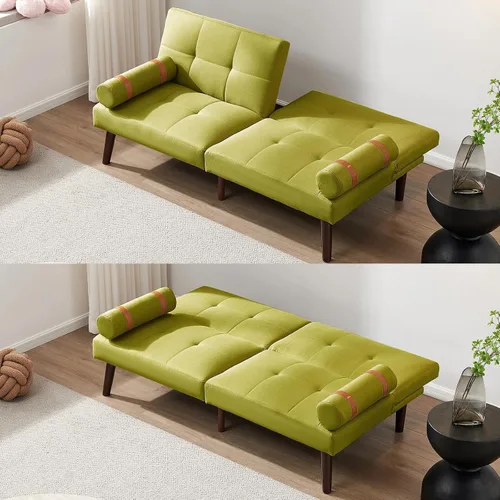 Vista 10 de HMFULE Sofá cama convertible con patas de madera maciza, tela de lino, moderno sofá futón tapizado ajustable para espacio de vida compacto, azul