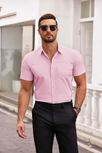 Vista 4 de COOFANDY Camisas de vestir para hombre, de manga corta, de algodón, casual, con botones, con bolsillo