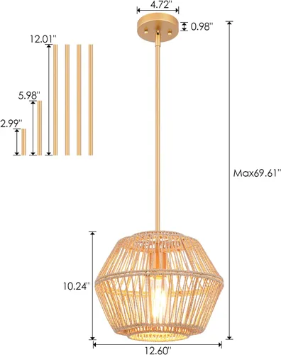 Vista 6 de VILUXY Lámpara colgante de ratán tejido, hecha a mano, jaula de mimbre bohemia, lámpara de techo colgante de cuerda de abaca natural, acabado dorado