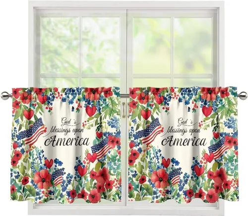Vista 65 de God Bssing You Tier Curtains for July 4Th 2026 27.5x24 2 Panels Light Filtering Half Window Rod Pocket for Kitchen/Bathroom