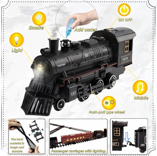 Vista 3 de Mantfuty - Juego de tren de juguetes para niños con humo, luces y sonido, trenes eléctricos con locomotora de vapor, vagones de tren y pistas