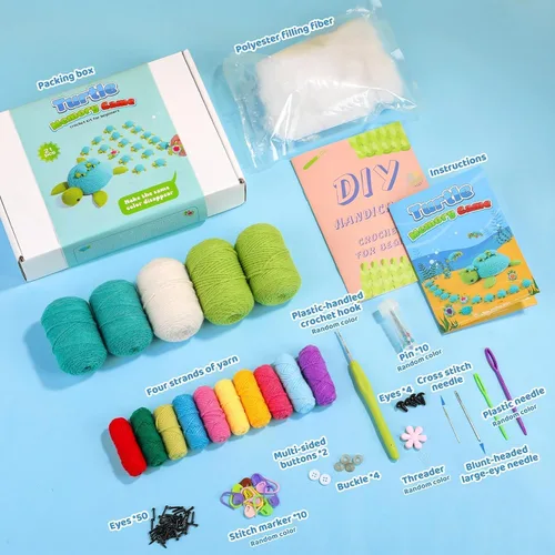 Vista 2 de FOUSNOW Kit de ganchillo para principiantes, kit de 21 piezas de animales de ganchillo de la familia de tortugas para adultos, juego de memoria a
