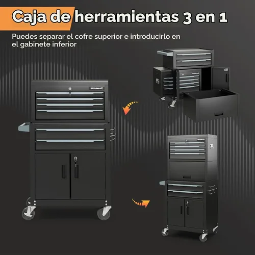 Vista 4 de IRONMAX Cofre de herramientas de acero 3 en 1, 6 cajones y compartimento