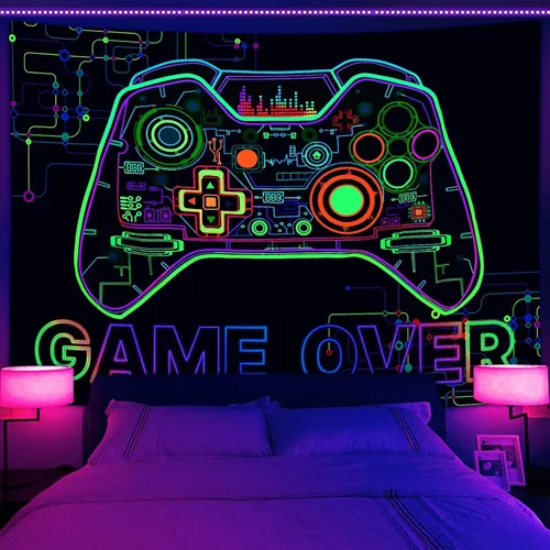 Vista 6 de Bzhilja Tapiz Temático de Juego con Luz Negra, Tapiz de Pared UV Reactivo para Arte de Pared de Juegos para Chicos, Hombres, Niños, Tapiz de Arte