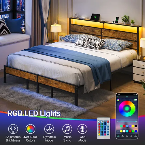Vista 3 de Liians Base de cama tamaño King con cabecera de estación de carga USB tipo C, luces LED inteligentes, plataforma de metal sin ruido, no necesita