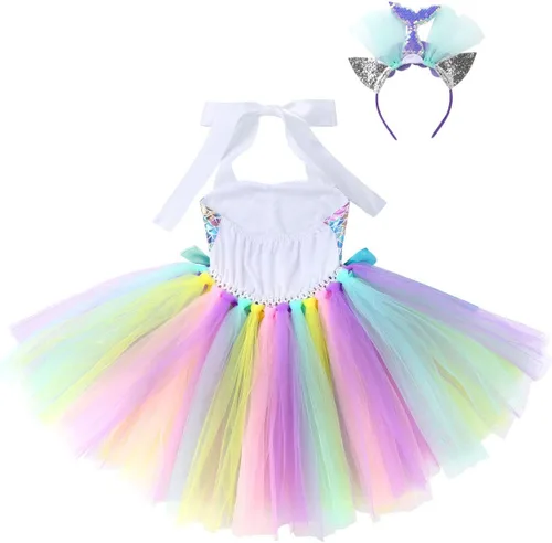 Vista 4 de TiaoBug Kids Girls Mermaid Costumes Fairy Princess Tutu Dress with Flower Headband Set Birthday Party Fancy Dress Up