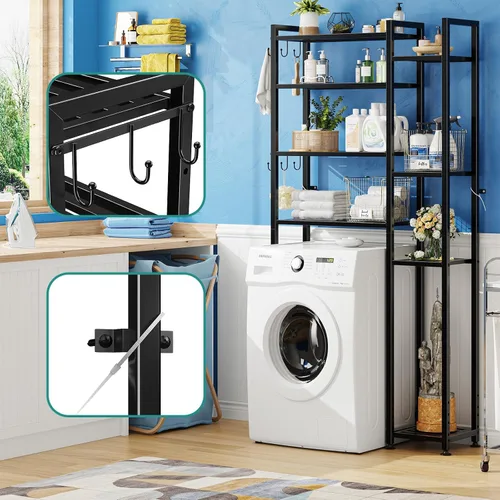 Vista 6 de Simple Trending Almacenamiento de 8 niveles sobre el inodoro con estante lateral, organizador de baño, estantes de metal para toallas, color negro