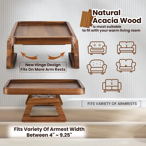 Vista 3 de Tinamo Mesa de brazo de acacia de 13.75 x 9.5 pulgadas, bandeja de brazo de sofá de madera, mesa de reposabrazos para sofá, bandeja de reposabrazos