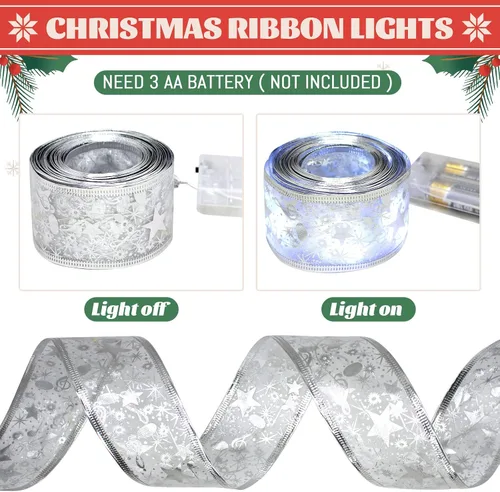 Vista 3 de Cinta plateada para árbol de Navidad, cinta de Navidad con cable, decoración de 32 pies (2 x 16 pies), cinta de Navidad transparente con alambre