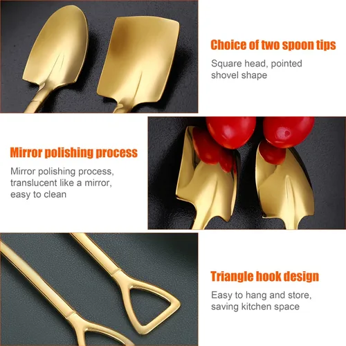 Vista 3 de Cucharas con forma de pala dorada, cucharas de acero inoxidable para té, café, azúcar, mini pala, forma de café, helado, cucharas de postre
