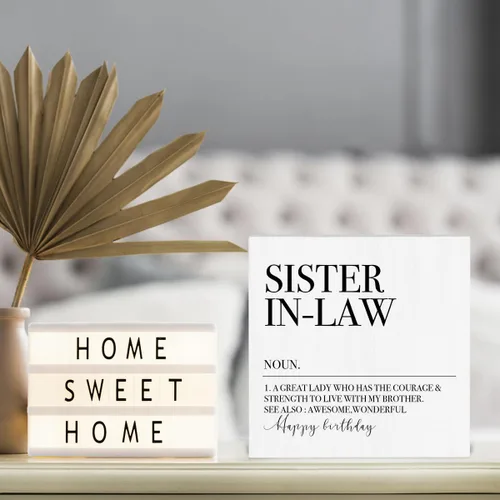 Vista 5 de Letrero decorativo de madera con texto en inglés "Sister in Law Definition" para cuñada, regalos de cumpleaños, decoración rústica de escritorio