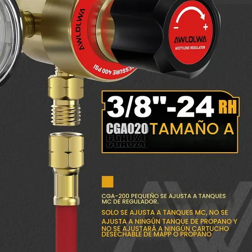 Vista 4 de Juego de reguladores de oxígeno acetileno, tamaño A Reguladores CGA540 y CGA200, conexión de salida de 3/8"-24