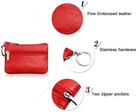 Vista 3 de Monedero pequeño de piel auténtica, bolsa de cambio, monedero de color sólido con cremallera, llavero, anillo, tarjetero de crédito para mujeres