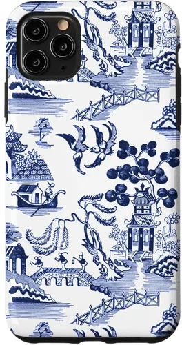Vista 13 de iPhone 14 Pro Preppy Azul y Blanco Willow Patrón Chinoiserie Toile Case