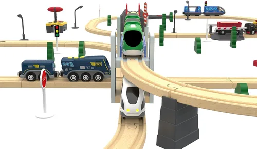 Vista 8 de Z MAYABBO Juego de accesorios de tren de madera, puente ferroviario de madera para vías de ferrocarril, 2 niveles de paso elevado compatible