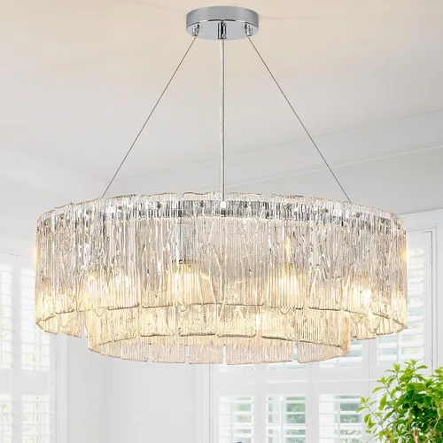 Vista 22 de CATINER Candelabro de cristal de 20 pulgadas, moderno, 6 luces, lámparas de tambor dorado, iluminación colgante de techo de lujo para entrada