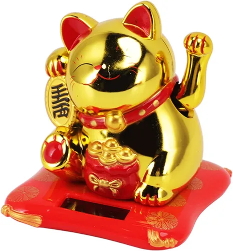Vista 6 de Adorno de gato de la suerte alimentado por energía solar, gato de la fortuna agitando con cara sonriente, diseño de bolsa de bendición dorada