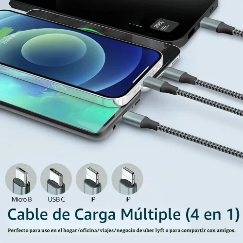 Vista 4 de Puxnoin Cable de carga múltiple de 6 pies, paquete de 2 cables de carga múltiple 4 en 1, cable universal de carga rápida USB múltiple con tipo C