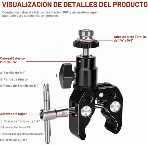 Vista 2 de Pinza de micrófono con cabeza de bola ajustable y tornillo de micrófono, compatible con micrófonos y accesorios de fotografía