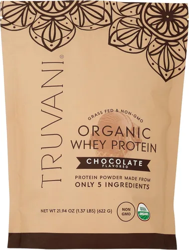 Vista 4 de Polvo de proteína de suero orgánico Truvani Chocolate 20g de proteína de suero alimentado con hierba 20 porciones Orgánico certificado USDA