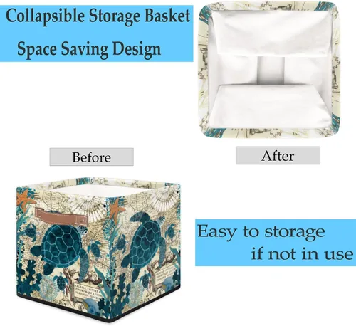 Vista 5 de Cesta de almacenamiento de tortuga marina vintage, caja de almacenamiento plegable de tela de 13 x 13 x 13 pulgadas, cubos cuadrados con asas