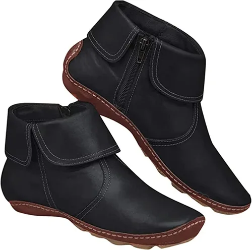 Vista 22 de Ladmiple Botas de tobillo para mujer, sin tacón, casual, con cremallera lateral, botas cortas vaqueras occidentales, zapatos para caminar