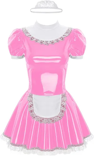 Vista 4 de Vestido de sirvienta de látex francés de manga corta para mujer, disfraz de cosplay con delantal