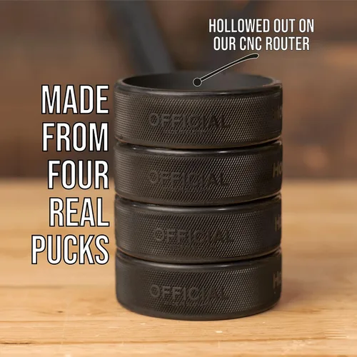 Vista 6 de Enfriador de latas de cerveza hecho de 4 discos de hockey sobre hielo reales, soporte aislado de 12 onzas para regalos de papá de hockey