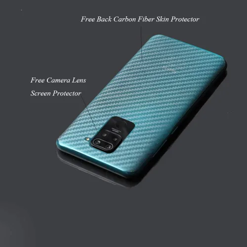 Vista 6 de Ibywind Protector de pantalla para Redmi Note 9, con 2 piezas de vidrio templado, 1 protector de lente de cámara, 1 película de fibra de carbono