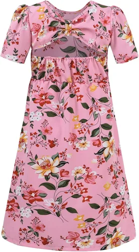 Vista 2 de SANGTREE Vestido floral de manga corta con corte en la espalda para niñas, 3-14 años