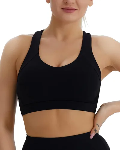 Vista 2 de RUNNING GIRL Brasier deportivo para mujer, soporte medio-alto con tirantes cruzados en la espalda con relleno, sujetadores deportivos de apoyo