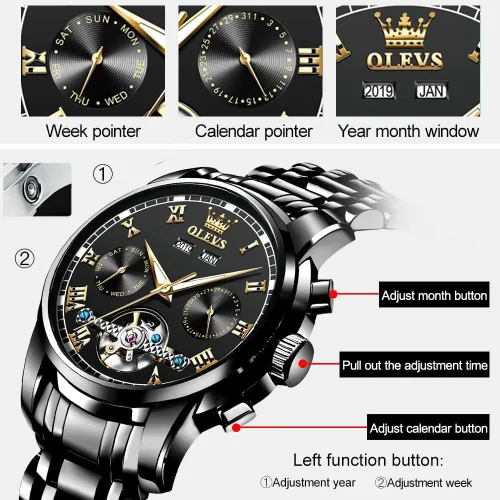 Vista 4 de OLEVS Relojes automáticos mecánicos Tourbillon de acero inoxidable para hombre, impermeables, luminosos, de lujo, relojes de pulsera