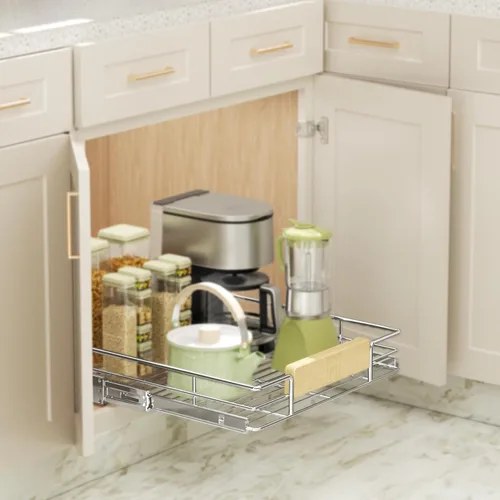 Vista 7 de LOVMOR Organizador de gabinete extraíble con mango de madera, 16½ pulgadas de ancho x 21½ pulgadas, organizador deslizante para cocina, despensa