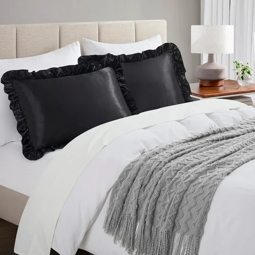 Vista 2 de Fundas de almohada de satén negro con volantes para el cabello y la piel, juego de 2 fundas de almohada de seda negras de tamaño estándar con cierre