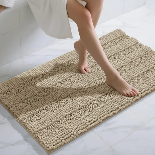 Vista 78 de Yimobra Tapetes de baño lavables, de chenilla súper suave y absorbente, para suelo y alfombra, de secado rápido, antideslizante, para bañera y Beige