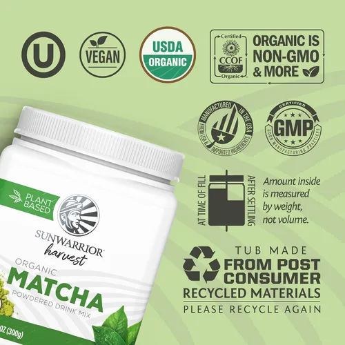 Vista 3 de Té verde matcha orgánico en polvo de grado culinario Matcha para batidos, hornear lattes, vegano, sin azúcar ni lácteos, 225 porciones Sunwarrior