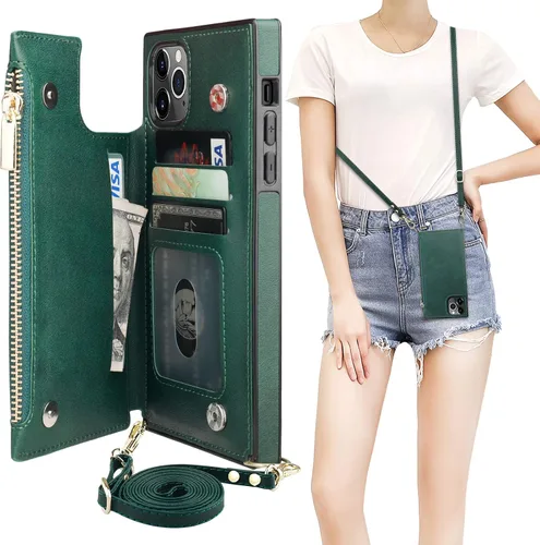 Vista 18 de Bocasal Funda tipo cartera cruzada para iPhone 11 Pro con tarjetero, protector de ranura para tarjetas con cremallera, a prueba de golpes, con Negro
