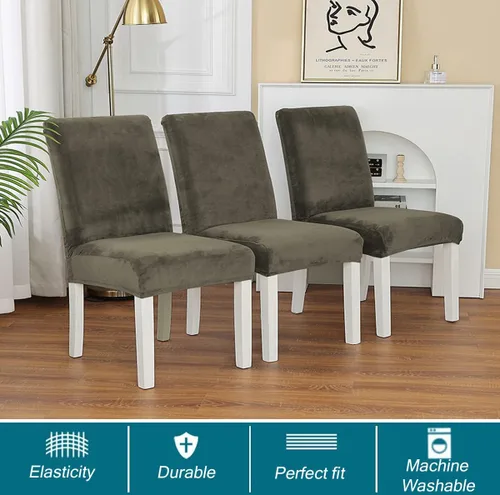 Vista 3 de Juego de 2 fundas de terciopelo para sillas de comedor, 4, 6, 8, elásticas, gruesas, fundas protectoras suaves para sillas Parson, fundas Beige