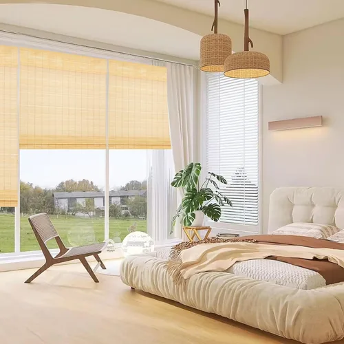 Vista 5 de Persianas romanas de bambú inalámbricas, persianas opacas beige, persianas de bambú para ventanas, puertas, puerta francesa